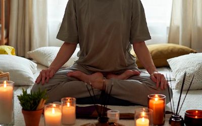 Человек в свободной одежде сидит в позе лотоса